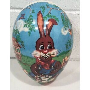 Vintage Paper Mache Easter Egg Germany Bunny Rabbit Paint Artist Chick Large 10"